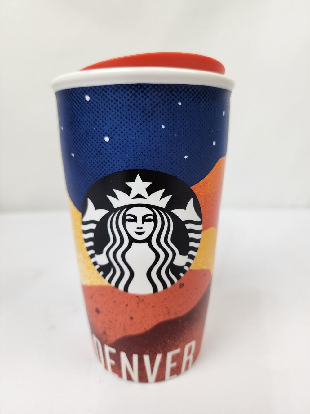 2016 Starbucks Orange Blue Denver Ceramic Travel Tumbler with Lid, 12oz EUC